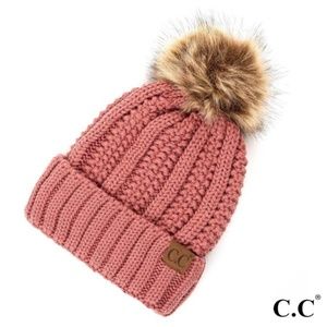 CC Mauve Fuzzy Lined Beanie With Faux Fur Pom